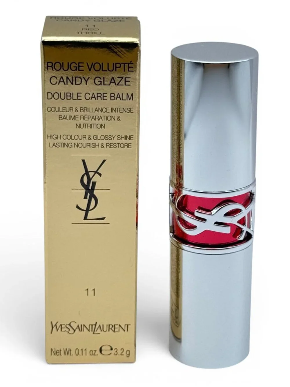YSL Candy Glaze Lip Gloss Stick Double Care Balm 0.11 oz Shade #11 RED THRILL
